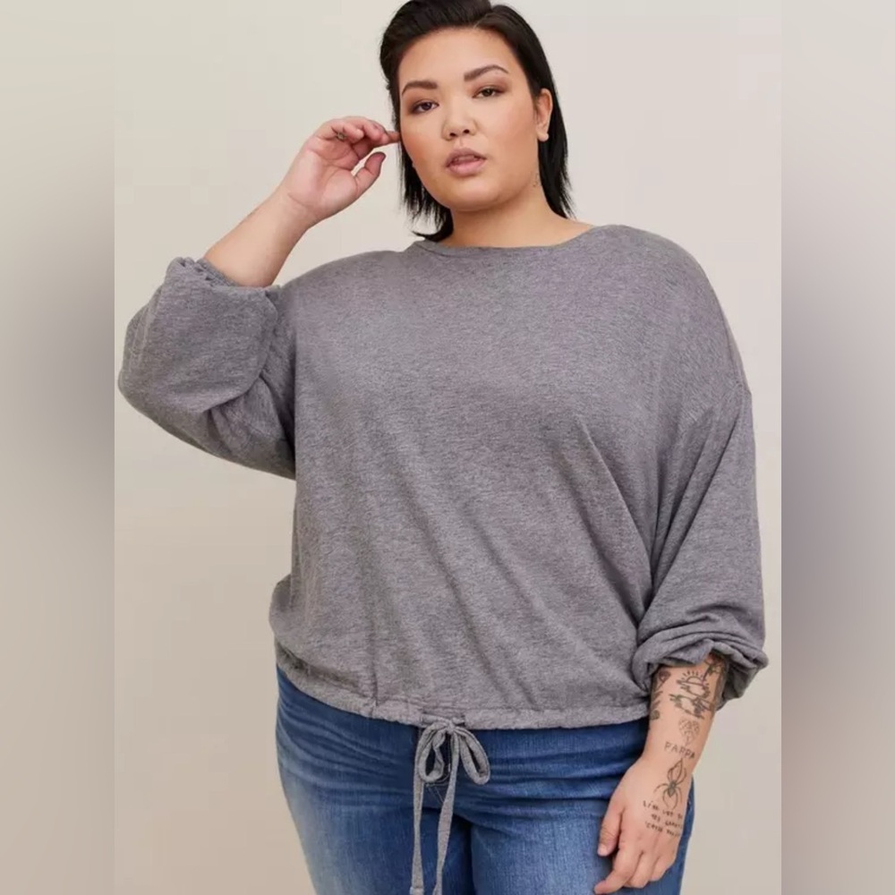 Torrid Cotton Modal Slub Drop Shoulder Tie Hem Gray Drawstring Long Sleeve 4X